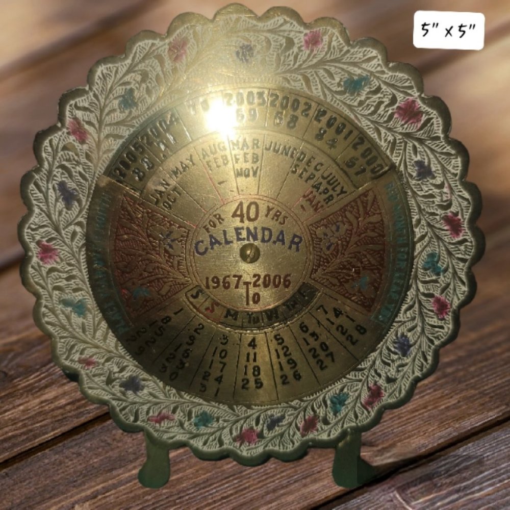 Vintage 1963 Desk Stand Brass 40 Year Perpetual Calendar - 1963 to 2002